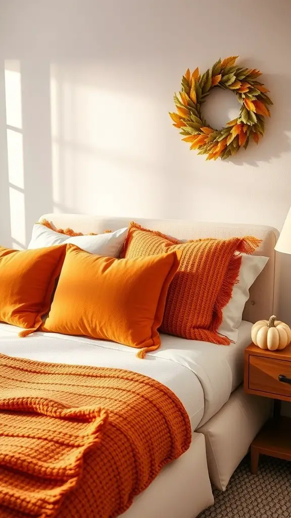 A cozy bedroom with orange accents, featuring a bed with orange pillows and a blanket, a wreath on the wall, and a small pumpkin on the nightstand.