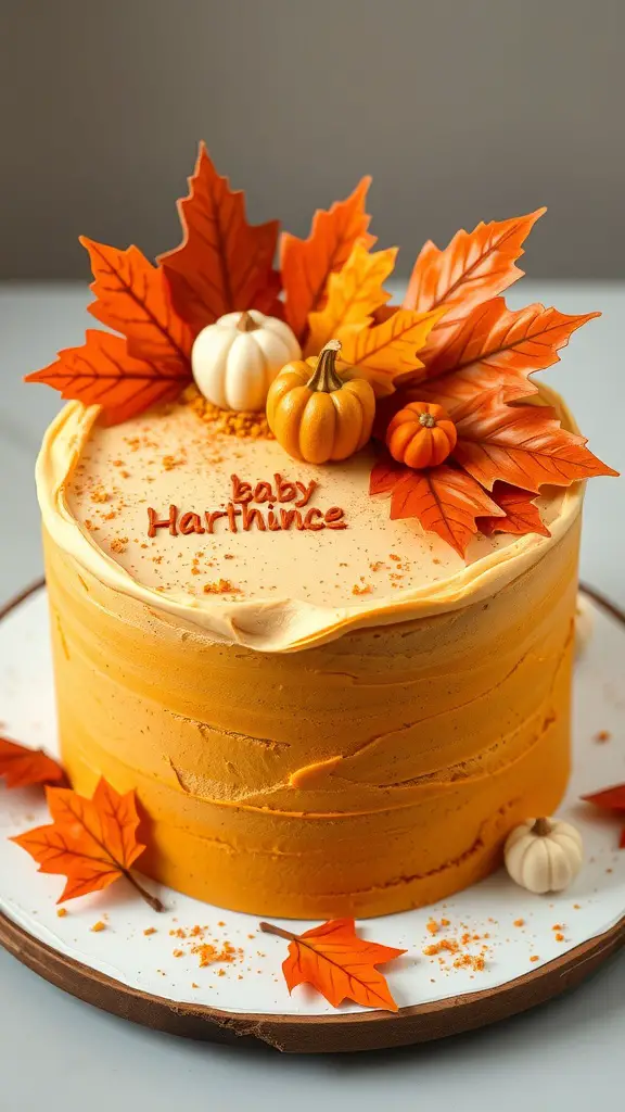 17 Creative Fall-Themed Baby Shower Ideas You’ll Love 5 A beautifully decorated pumpkin spice baby shower cake with mini pumpkins and fall leaves on top.