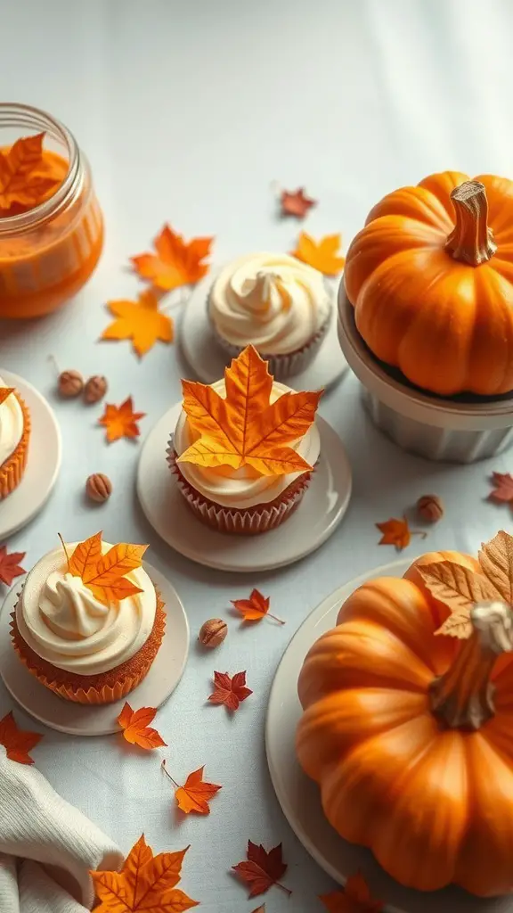 21 Adorable Pumpkin Baby Shower Ideas You’ll Love 2 A table with pumpkin spice cupcakes, a pumpkin, and autumn leaves.