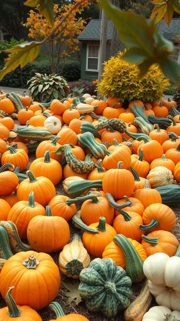 19 Creative Fall Vegetable Garden Ideas for a Bountiful Harvest 10 A colorful display of pumpkins and squash in a garden, showcasing various shapes and sizes.