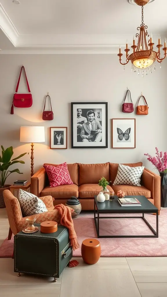 A stylish living room featuring purses hung on the wall, a cozy couch, and decorative elements.