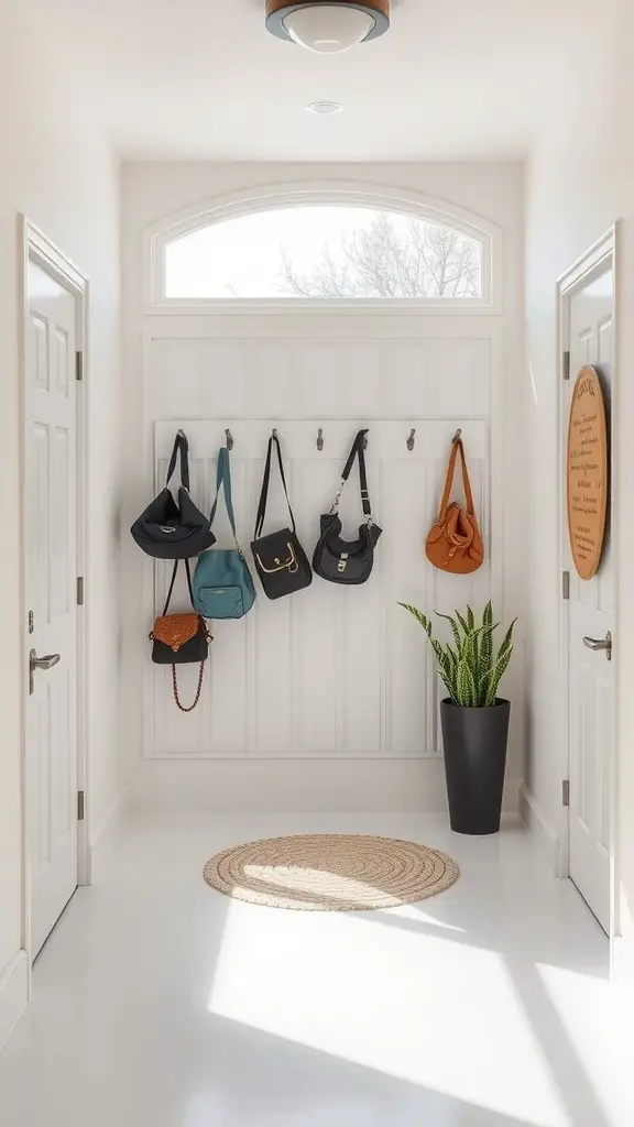 A bright entryway with several purses hanging on hooks, a plant in a pot, and a round rug on the floor.