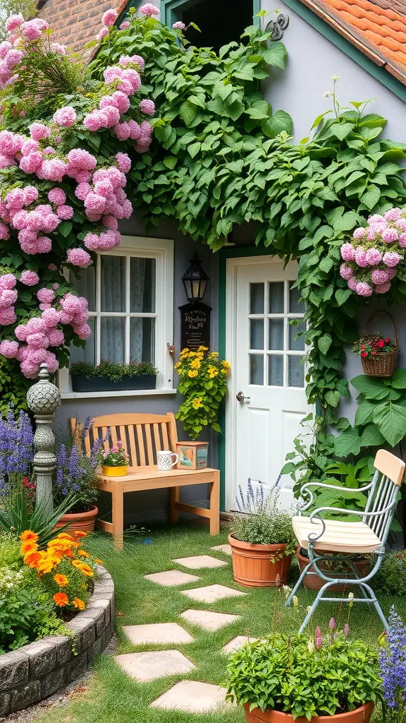 15 Stunning French Garden Ideas to Transform Your Outdoor Space 6 A quaint cottage garden with pink flowers, a wooden bench, and a stone pathway.