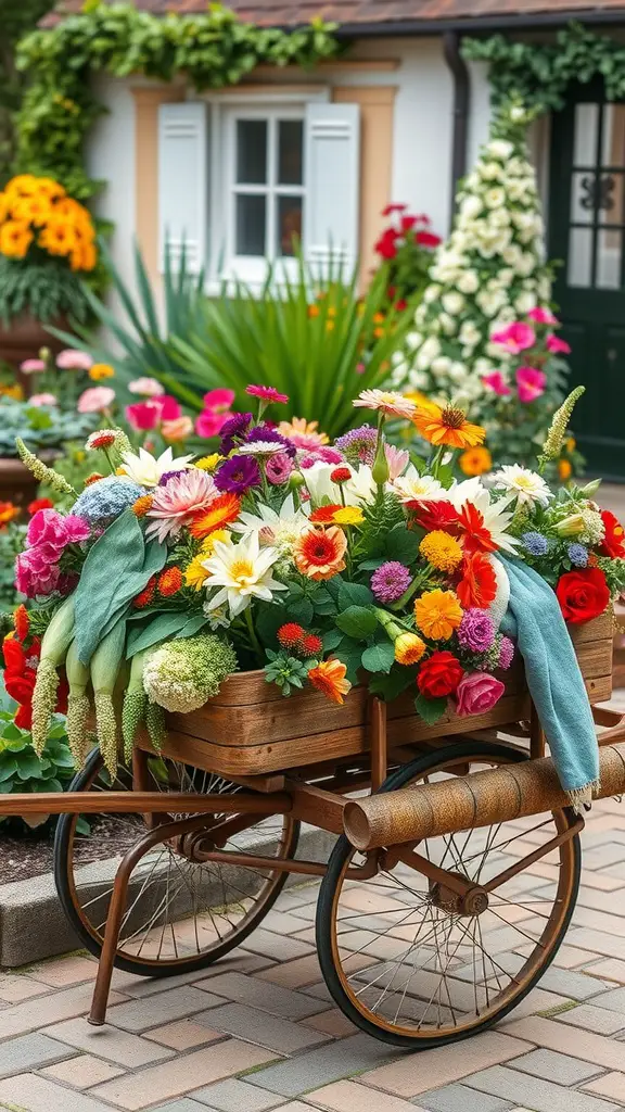 17 Charming Vintage Garden Decor Ideas to Enhance Your Outdoor Space 13 A vintage flower cart filled with colorful flowers in a garden setting.