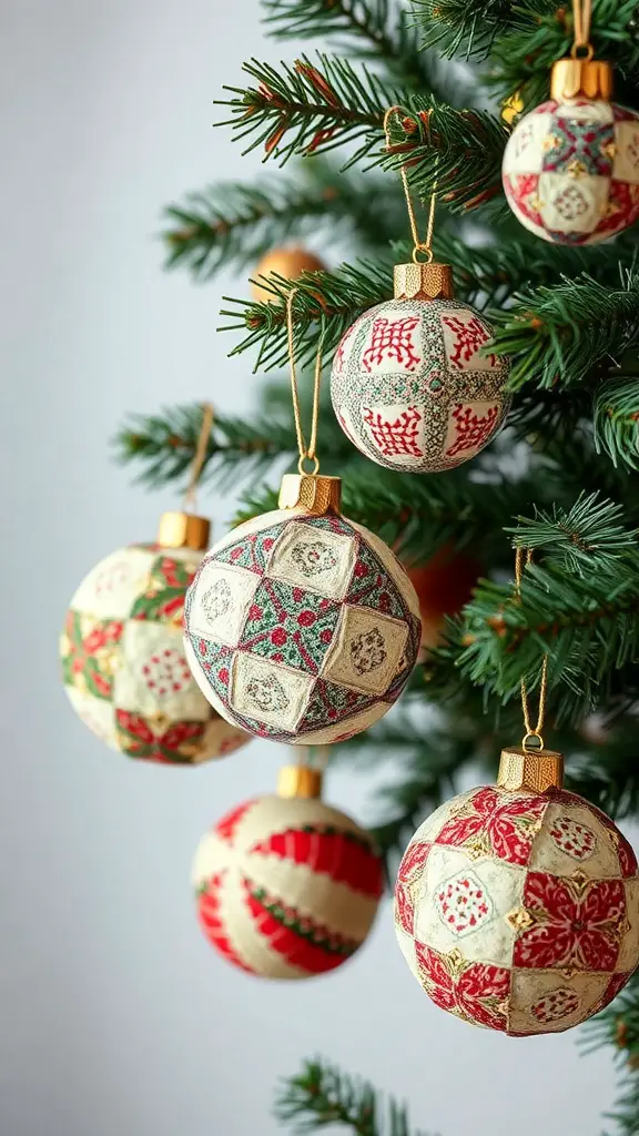 A collection of quilted ornaments in red, green, and cream hanging from a Christmas tree.