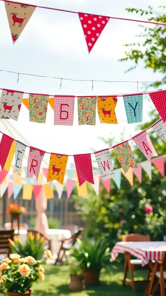 21+ Creative Scrap Fabric Projects You Can Make Today 2 Colorful fabric bunting hanging in a garden setting