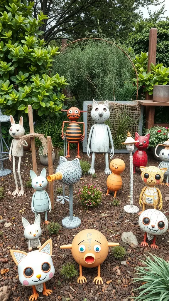 A collection of quirky garden sculptures featuring various animals and whimsical figures.