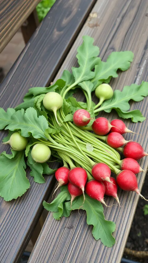 19 Creative Fall Vegetable Garden Ideas for a Bountiful Harvest 16 A bunch of freshly harvested radishes with green leaves on a wooden surface.