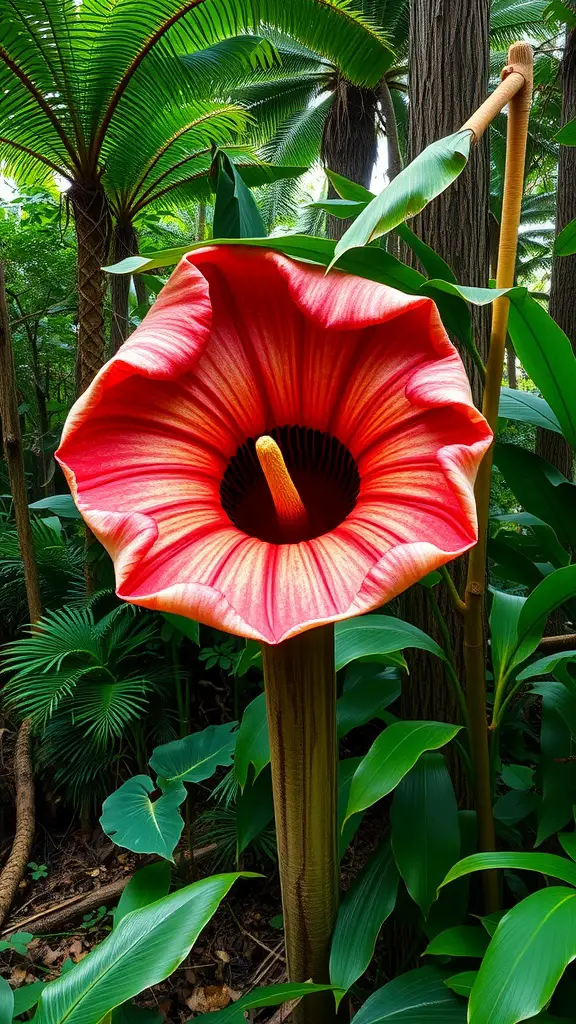A large Rafflesia flower with vibrant red and white patterns surrounded by green foliage.