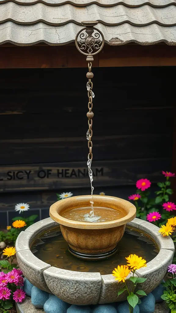 A rain chain water feature with water flowing into a decorative bowl surrounded by flowers.