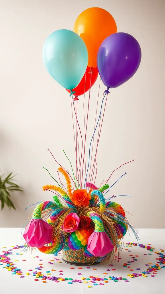 21 Adorable Baby Shower Table Centerpieces for Your Celebration 15 A colorful rainbow-themed centerpiece with balloons and flowers for a baby shower.