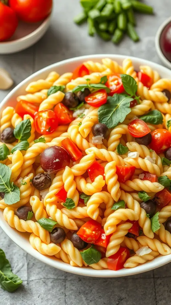 17 Creative Dish Garden Ideas to Elevate Your Space 16 A bowl of rainbow vegetable pasta salad with cherry tomatoes, black olives, and fresh herbs.