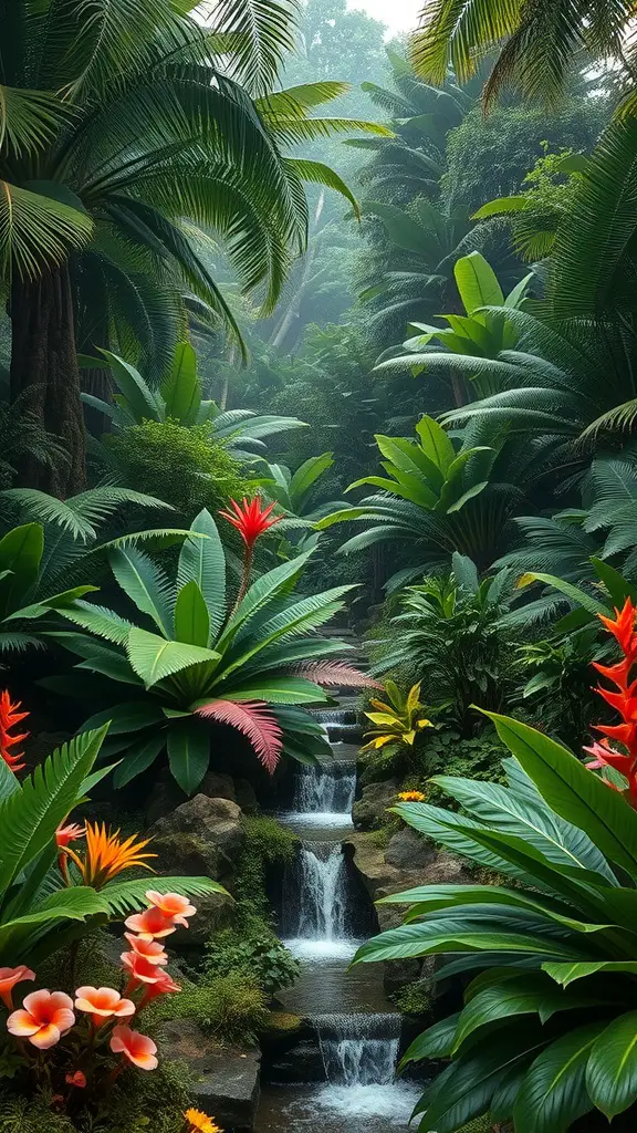 A lush rainforest scene with palm trees, colorful flowers, and a gentle stream.