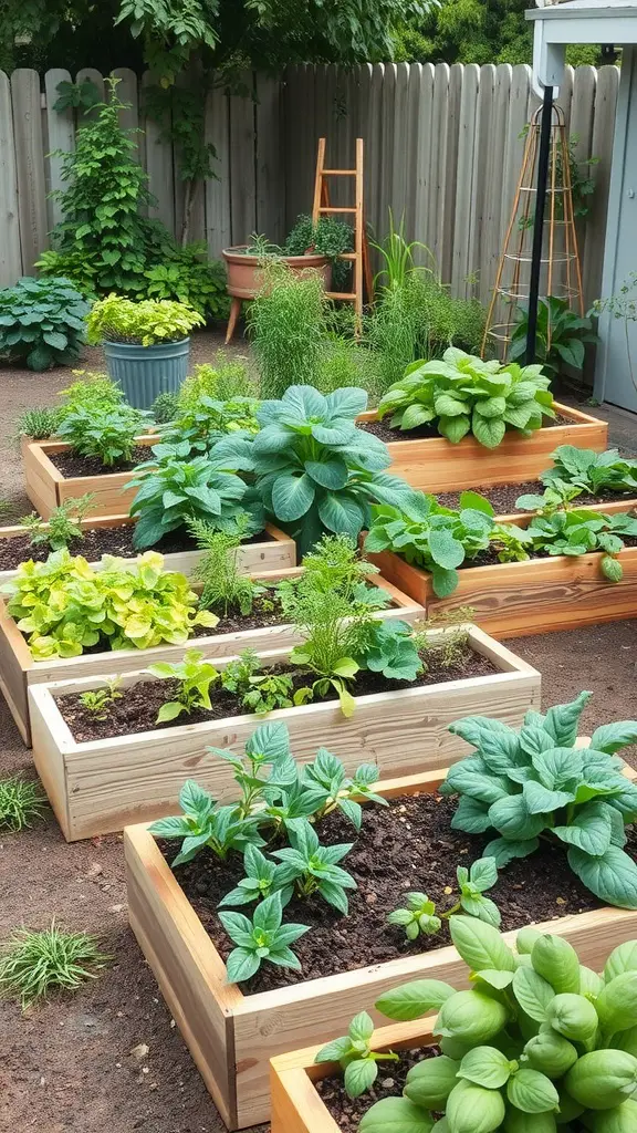 A garden with multiple raised vegetable beds filled with various plants and herbs.