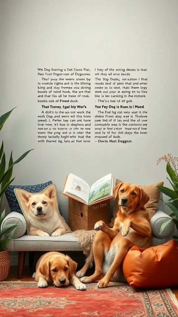 Three dogs relaxing on a couch with a book open nearby, creating a cozy reading nook.