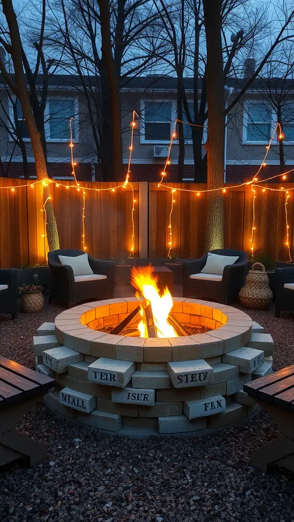 17 Creative DIY Fire Pit Ideas for Your Backyard 5 A cozy reclaimed brick fire pit surrounded by seating and string lights, creating a warm outdoor gathering space.