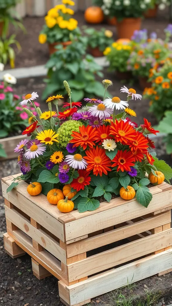 21 Gorgeous Fall Planters to Brighten Your Garden 16 A vibrant flower arrangement in a reclaimed wood pallet planter, featuring colorful blooms and small pumpkins.