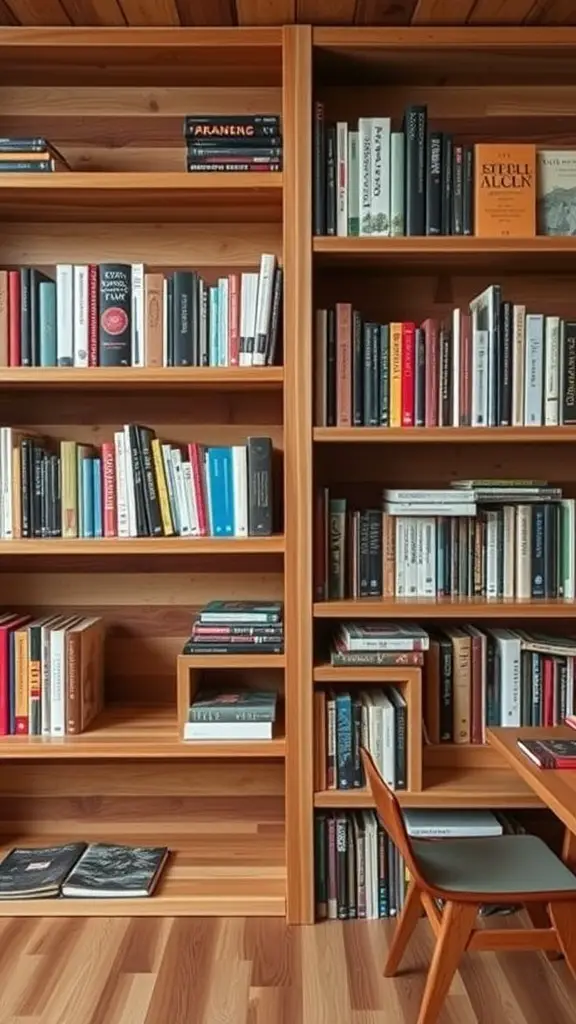 23 Creative Book Storage Ideas for Every Home 16 A wooden bookshelf made from reclaimed wood, filled with various books and a small chair beside it.