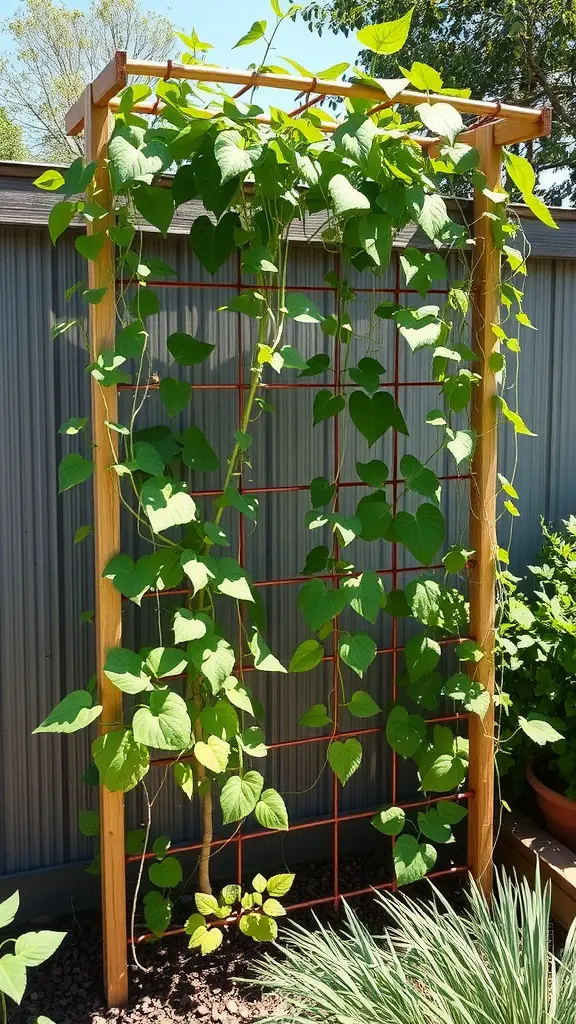 A wooden trellis with green vines climbing on it, showcasing a recycled bottle trellis idea.