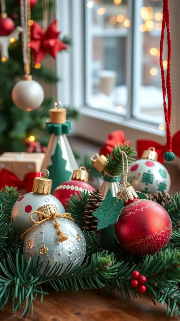 A collection of colorful Christmas ornaments made from various materials, displayed on a table with festive decorations.