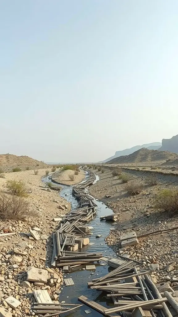 23 Stunning Dry Riverbed Landscaping Ideas to Transform Your Outdoors 12 A dry riverbed with wooden planks and stones, showcasing recycled materials in landscaping.