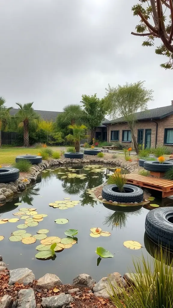 21 Stunning Pond Landscaping Ideas to Transform Your Backyard 13 A pond surrounded by recycled tires and plants, showcasing eco-friendly landscaping.