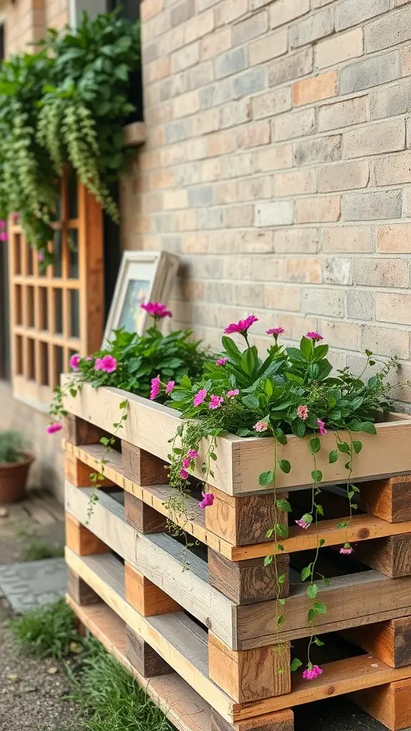 19 Creative Garden Wall Ideas to Transform Your Outdoor Space 13 A wooden pallet planter filled with pink flowers against a brick wall.
