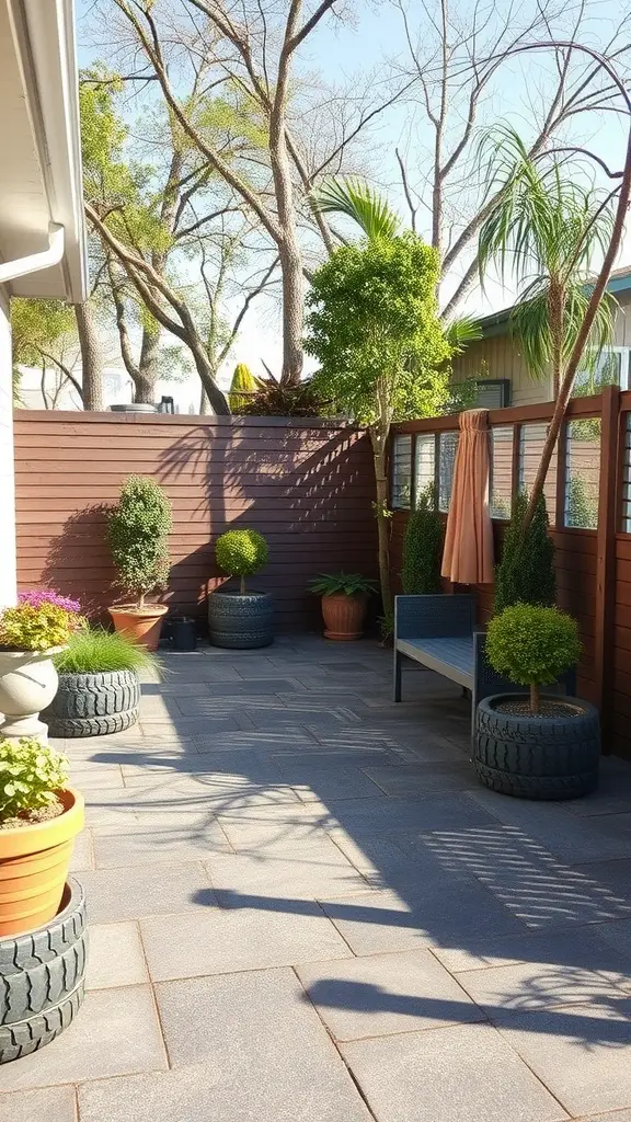 27 Affordable Patio Floor Ideas That Transform Your Outdoor Space 14 A cozy patio with recycled tire rubber flooring, surrounded by plants and decorative elements.