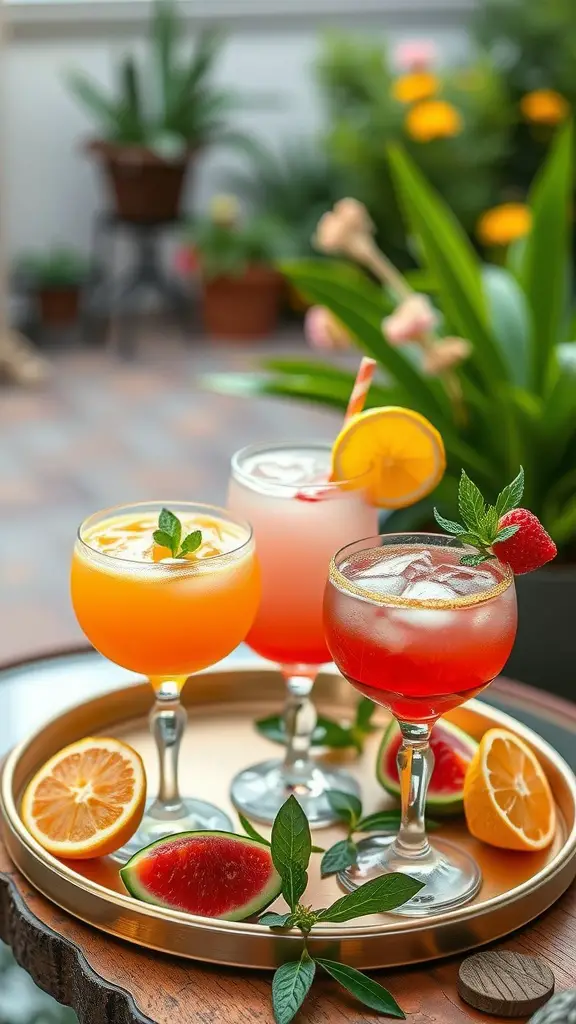 15 Must-Have Essentials for the Perfect Backyard Garden Party 4 Three colorful cocktails on a tray with fresh fruit garnishes in a garden setting.
