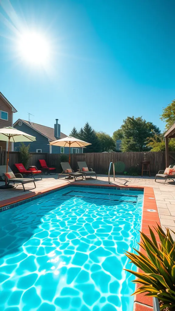 23 Amazing Backyard Ideas for Your Bloxburg Home 6 A bright swimming pool surrounded by lounge chairs and umbrellas under a clear blue sky.