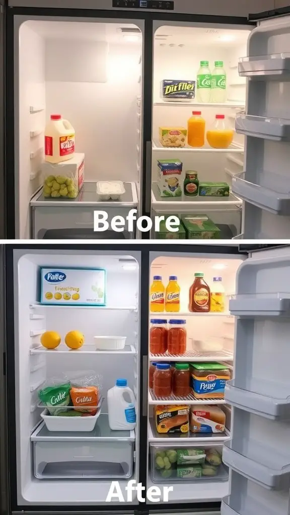 Before and after images of a fridge showing a cluttered and organized state.