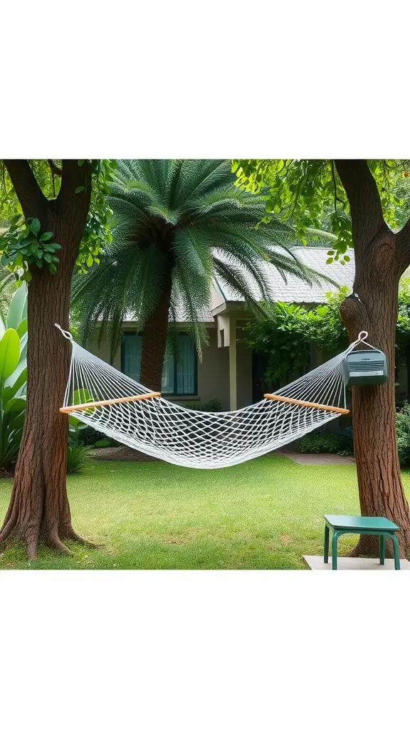 17 Inspiring Backyard Decorating Ideas to Transform Your Outdoor Space 7 A hammock set between two trees in a green backyard