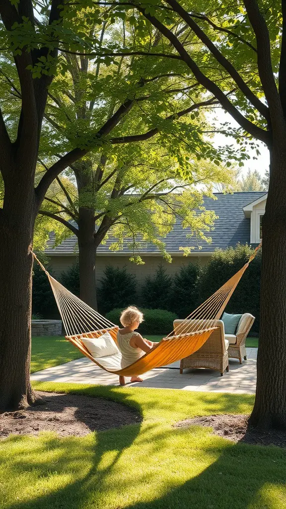 15 Must-Have Essentials for the Perfect Backyard Garden Party 15 A cozy hammock nook in a backyard, surrounded by trees and grass, with a person relaxing in the hammock.