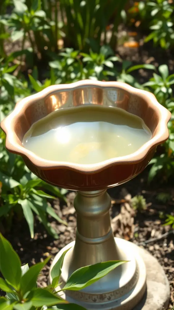 A repurposed baking dish bird bath with a scalloped edge, filled with water, sitting on a pedestal surrounded by greenery.
