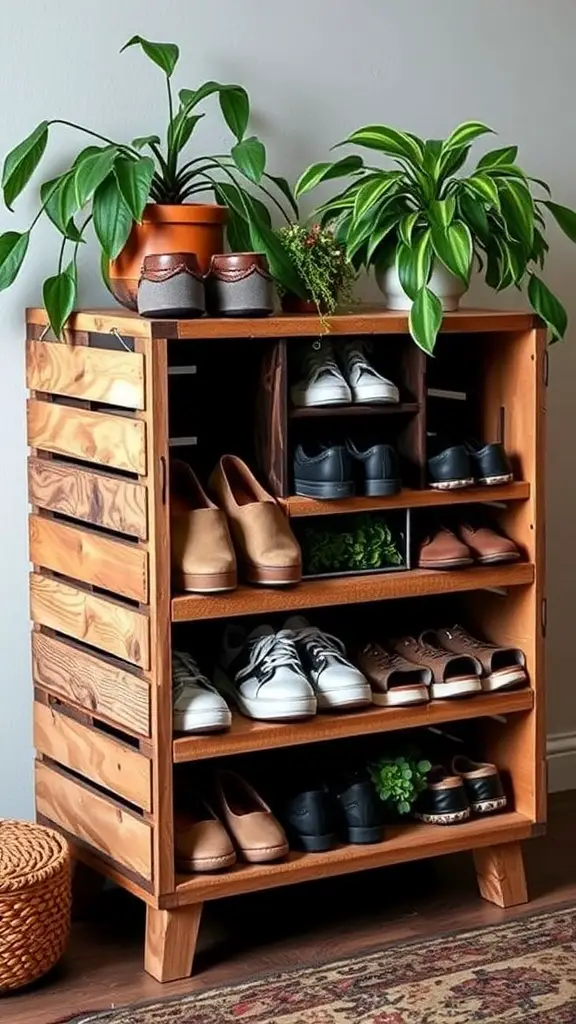 21+Creative DIY Shoe Rack Ideas to Organize Your Space 14 A wooden crate shoe organizer with various shoes and plants on top.