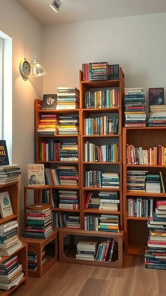 23+ Creative Book Storage Ideas for Every Space 8 A cozy book storage setup featuring wooden crates filled with books, showcasing a rustic style.