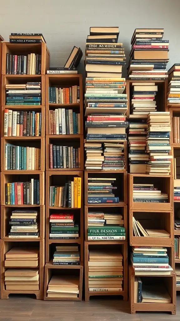 23 Creative Book Storage Ideas for Every Home 9 A collection of wooden crates filled with books, showcasing a rustic charm.