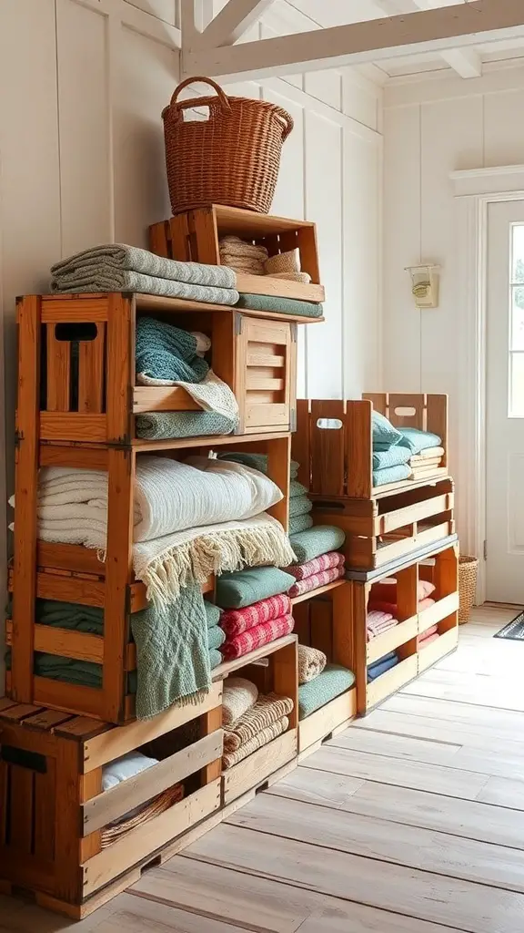 Wooden crates stacked with neatly folded blankets and a woven basket on top.