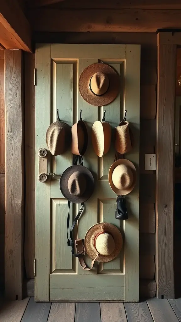 19 Creative Hat Rack Ideas for Your Home 4 A repurposed door used as a hat rack with various hats hanging on it.