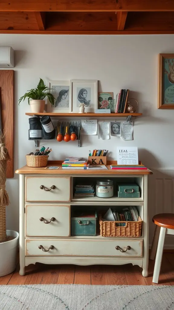 A repurposed dresser used as a storage solution in a craft room, featuring drawers and an open shelf with decorative items.