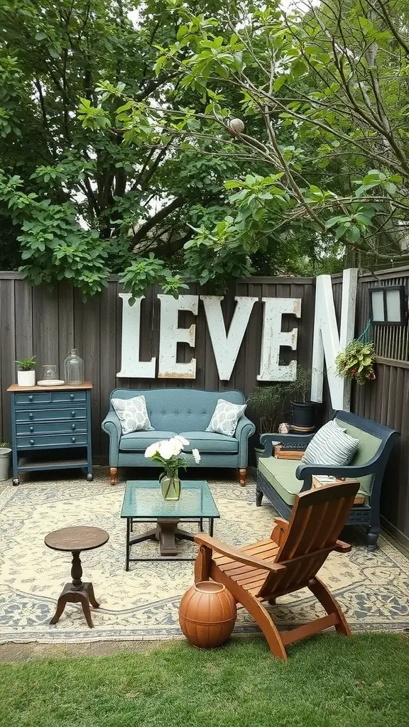 19 Creative Backyard Ideas for Renters 12 A cozy backyard with repurposed furniture, including a blue sofa, green loveseat, wooden chair, and decorative letters on the fence.