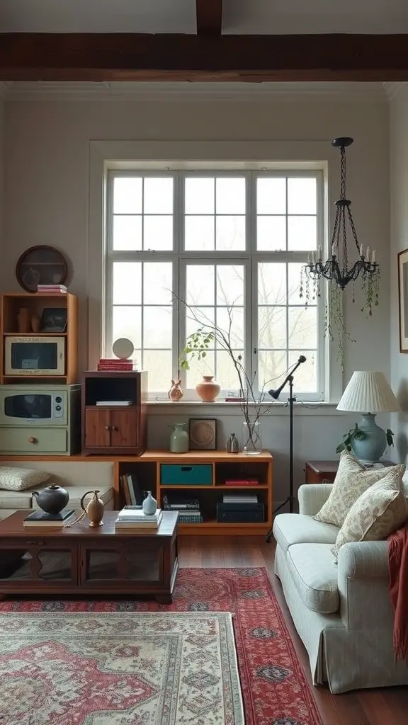 15 Clever Living Room Storage Ideas You Need to Try 13 A cozy living room with repurposed furniture, featuring a wooden coffee table, colorful shelving, and a vintage television stand.