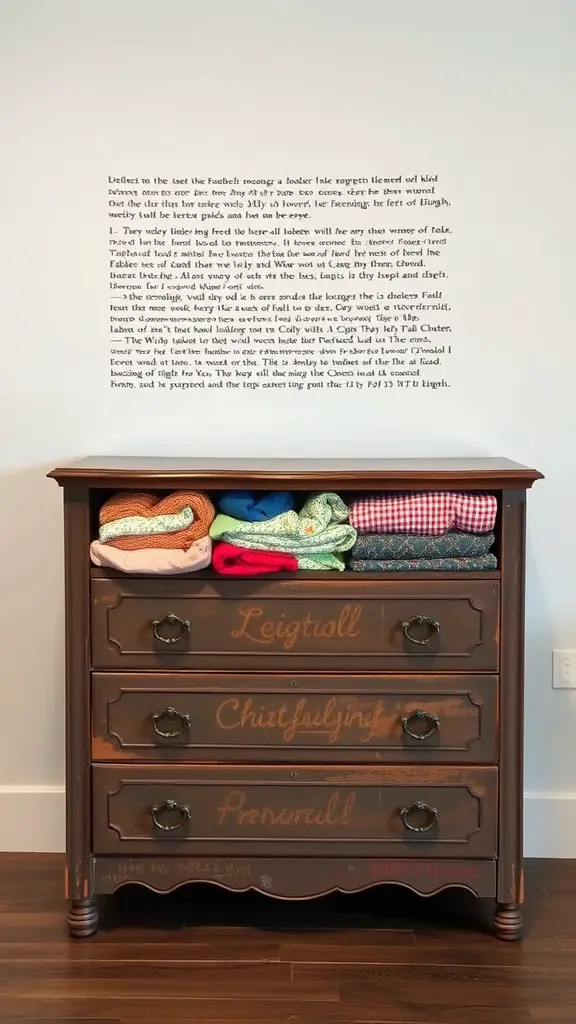 21 Creative Fabric Storage Solutions You Need to Try 6 A vintage dresser repurposed for fabric storage, featuring neatly folded fabrics on top and decorative markings on the drawers.