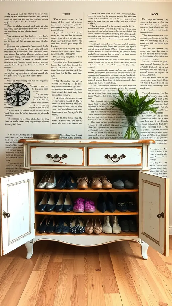 A vintage cabinet repurposed for shoe storage, featuring neatly arranged shoes inside.
