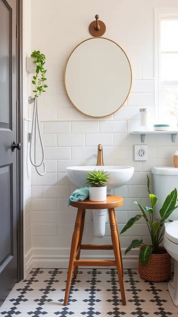 A bathroom featuring a wooden stool used for storage, with a plant and towel on top.