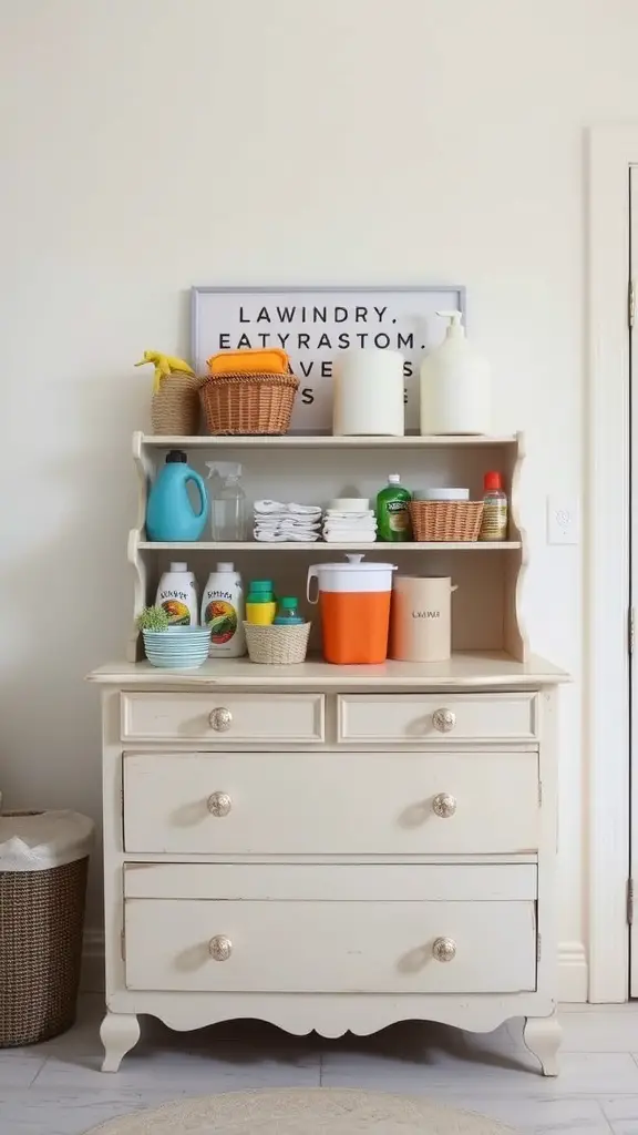 23 Creative Laundry Room Storage Ideas You Need to Try 2 A repurposed vintage dresser used for laundry storage, featuring colorful bottles and baskets on top.