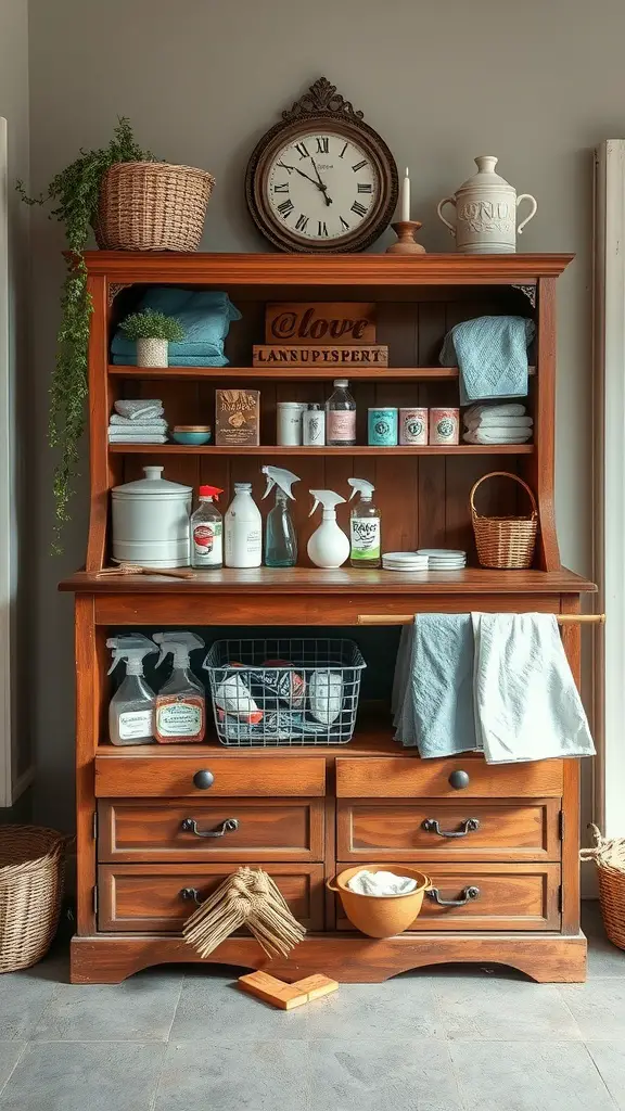 23+Creative Laundry Room Storage Ideas You Need to Try 4 A wooden cabinet in a laundry room, displaying neatly organized cleaning supplies and towels.