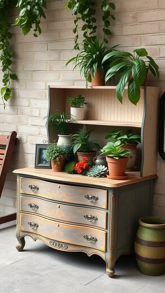 17 Creative Indoor Garden Ideas to Transform Your Space 4 A repurposed dresser serving as a planter with various indoor plants on top.