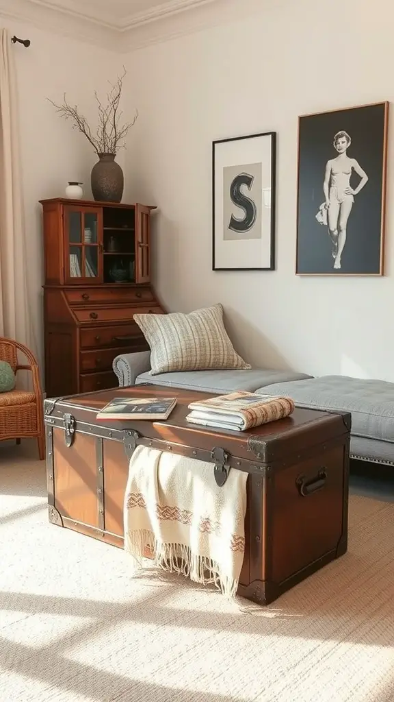19+ Creative No Closet Solutions for Every Space 9 A cozy living area featuring a vintage trunk serving as a coffee table, surrounded by soft furniture and decor.