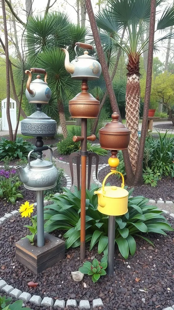 19 Stunning Garden Totems to Elevate Your Outdoor Space 7 Colorful garden totems made from teapots and kettles surrounded by plants